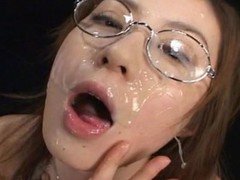 Kokoro Amano sucked dicks and took 150 bukkake cumshots on her face and in her face hole  ate cum on food and collected cum in a bottle and swallowed it all down.